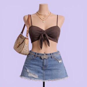 H&M Brown Tie Front Smocked Bandeau Crop Top Cami Y2K Women's XS Party Stretchy